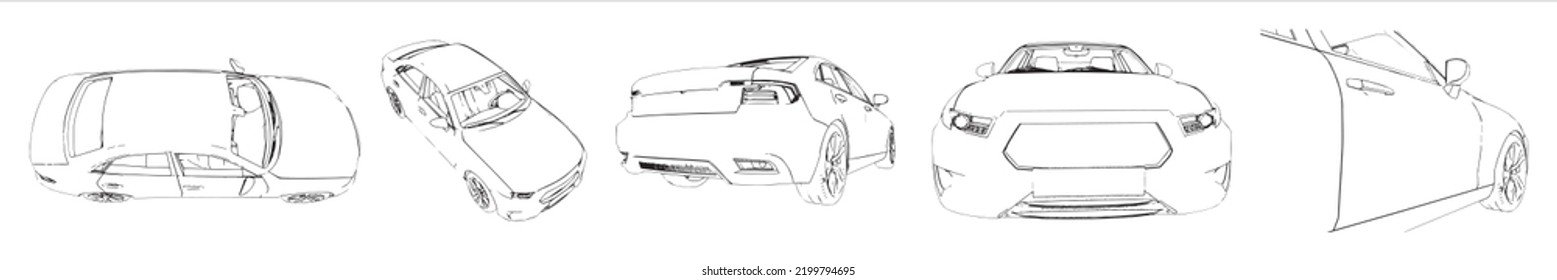 Vectorconceptual Set Or Collection Of An Urban Car Sketches From Different Perspectives As A Metaphor For Transportation And Travel, Independence, Flexibility And Freedom, Privacy And Safety