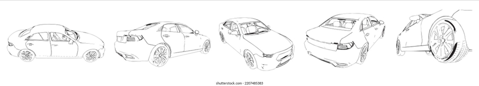 Vectorconceptual Set Or Collection Of An Urban Car Sketches From Different Perspectives As A Metaphor For Transportation And Travel, Independence, Flexibility And Freedom, Privacy And Safety