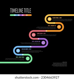 Vectordark Infographic Company Milestones curvó plantilla diagonal de línea de tiempo. Color de la versión de la plantilla de la línea de tiempo del marcador grueso con iconos. Línea de tiempo de color gruesa con curvas, iconos y contenido de texto