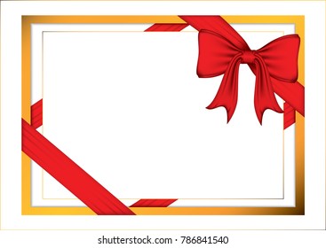 Vector,Decorative red ribbon bow and cardboard gold frame for writing text isolated on withe background,Idea for art, card, gift, decoration, wallpaper, and background,Vector,EPS10
