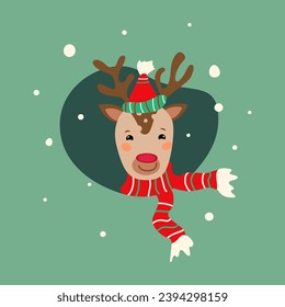 Vector.Deer.New Year Character.Christmas Illustration in Doodle Style.In Bright Holiday Colors.New Year Symbol.Winter Card.Background.Print for Textile.Children's.Web Design.Animal.Magic.Fairy  EPS 10