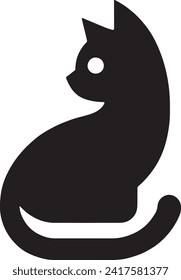 The vectordepicts a sleek black silhouette of a cat sitting upright. Its posture is graceful, with a long tail curling at the base, and its head is turned to the side, featuring alert pointed ears.