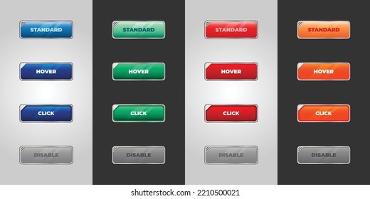 Vector-designed buttons for websites, mobile apps, or video games with 4 steps included - Standard, Hover, Click, and Disable. 