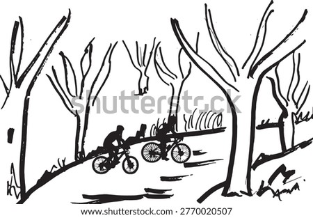 vector,drawing made with marker and silhouettes of real people,couple of cyclists in a landscape
