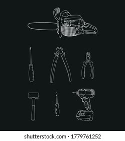 Vector-drawn construction tools: chainsaw, pliers, screwdrivers, wire cutters, drill, hammer, sledgehammer.