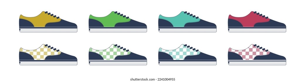 Vector-drawn sports shoes, and sneakers for boys and ladies. Trendy fashion fitness footwear vector concept. Sports wear for men and women. Flat design. Vector illustration.