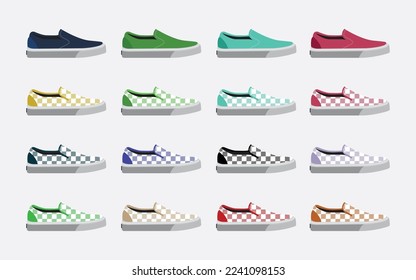 Vector-drawn sports shoes, and sneakers for boys and ladies. Trendy fashion fitness footwear vector concept. Gingham, plaid and tartan seamless pattern sportswear for men and women. Vector.