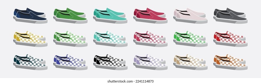 Vector-drawn sports shoes, and sneakers for boys and ladies. Trendy fashion fitness footwear vector concept. Gingham, plaid and tartan seamless pattern sportswear for men and women. Vector.