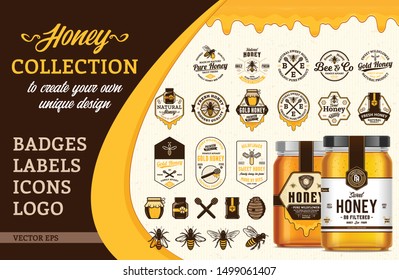 Vectore honey design collection. Badges, labels, icons, logo and packaging design templates with bees, jars and dripping honey for apiary and beekeeping  products branding and identity