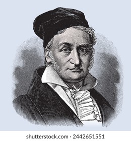 vectored colored old engraving of famous German mathematician, astronomer, geodesist, and physicist Johann Carl Friedrich Gauss, engraving is from Meyers Lexicon published 1914 - Leipzig, Deutschland