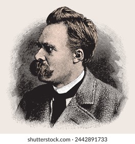 vectored colored old engraving of famous german philosopher Friedrich Wilhelm Nietzsche, engraving is from Meyers Lexicon published 1914 - Leipzig, Deutschland