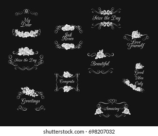 Vectored Rose Frames with Flourishes, Ink Drawn Floral Ornaments, Black and White Flower Backgrounds