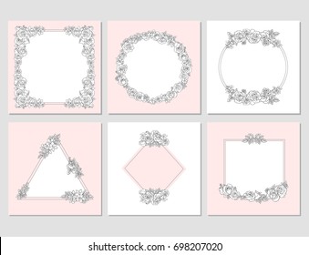 Vectored Rose Frames, Ink Drawn Floral Ornaments, Salmon Pink Flower Backgrounds