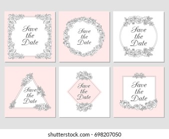 Vectored Rose Frames, Ink Drawn Floral Ornaments, Salmon Pink Flower Backgrounds