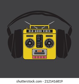 vectorel illustration of retro tape recorder with headphone. t shirt graphics