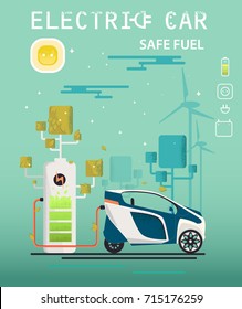 Vector.Electric station,  wind power. Mini electric car charging system. Ecologically clean transport. ?harging system. Safe fuel for the environment. flat design.