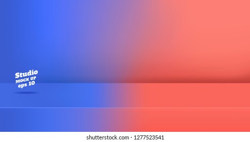 Vector,Empty blue gredient to vivid coral pink color studio table room background ,product display with copy space for display of content design.Banner for advertise product on website