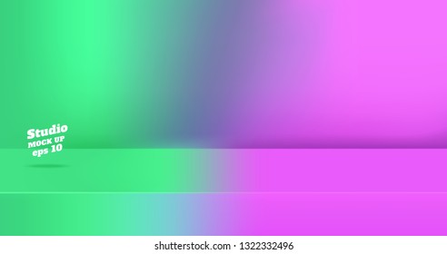 Vector,Empty neon green gredient to vivid pink color 3d studio table room background ,product display with copy space for display of content design.Banner for advertise product on website