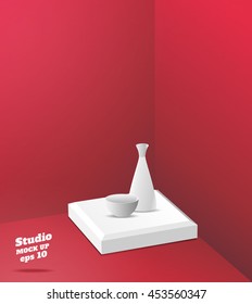 Vector,Empty red studio room with corner background ,Template mock up for display or montage of product,Business backdrop