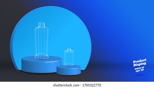 Vector,Empty vivid blue gradient with grey studio round kiosk stand background ,product display with copy space for display of product Banner for advertise product on online media