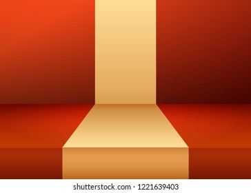 Vector,Empty vivid red color and gold line studio table room background ,product display with copy space for display of content design.