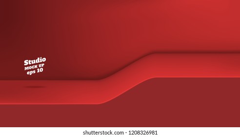 Vector,Empty vivid red color studio table with slope step room background ,product display with copy space for display of content design.Banner for advertise product on website