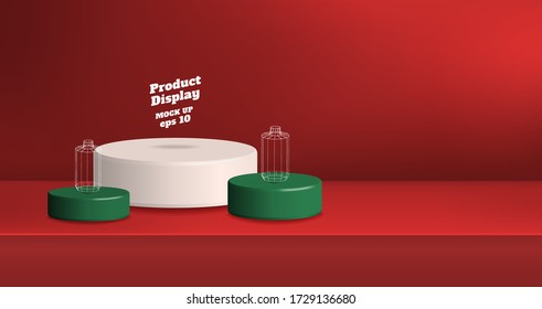 Vector,Empty vivid red gradient with grey studio round kiosk stand background ,product display with copy space for display of product Banner for advertise product on online media