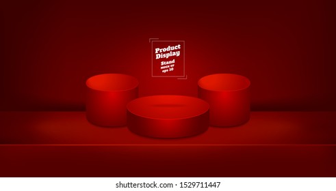 Vector,Empty vivid red studio round kiosk stand background ,product display with copy space for display of content design.Banner for advertise product on online media