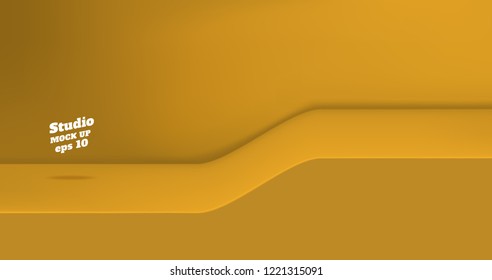 Vector,Empty vivid yellow color studio table with slope step room background ,product display with copy space for display of content design.Banner for advertise product on website