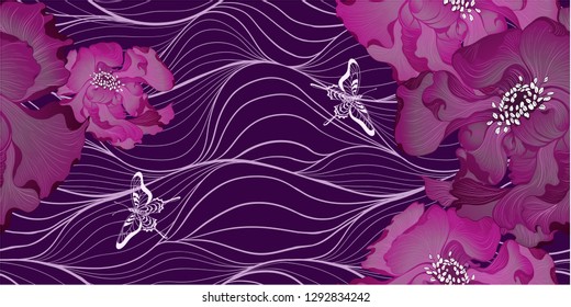 Vector.Fantasy flowers - decorative composition.Flowers with long petals. Wallpaper. Seamless patterns.Use printed materials, patterns for fabrics, posters, cards, packaging.