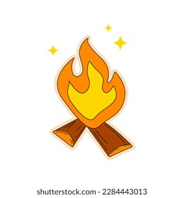 Vector.Fire.Illustration.Bonfire.Sticker.White Background.Print for Textile.Social Media.Web Design.Hiking.Bright Color.Doodle.Cartoon.Retro 90s Style.Hiking.EPS 10.