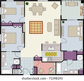 Vector-Floor plan of three-bedroom condo with den and furniture