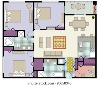 Vector-Floor plan of three-bedroom condo with den and furniture