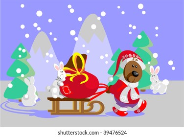 Vector.Forest Santa Claus- Bear delivers gift for animals 22 . More Cartoons see in portfolio