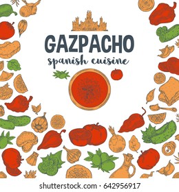 Vector.Gazpacho. Ingredients. The view from the top.Cooking soup with vegetables. illustration of Spanish cuisine.Red and yellow green color on a white background