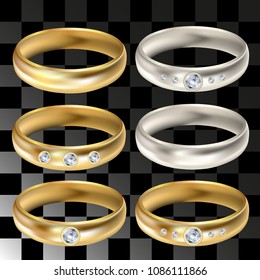 Vector-gold, platinum Rings with diamonds of various shapes. Wedding accessories jewelry newlyweds for a luxurious, elite design.