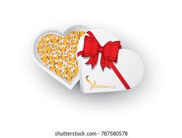 Vector,Golden valentine's in cardboard shape heart box open with cover lid  and red ribbon, bow, on shadow isolated on white background, eps10