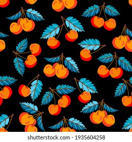 Vectorgraphic cherries with leaves seamless pattern, illustrated art.