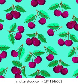 Cerezas vectorgráficas con hojas sin fisuras, arte ilustrado.