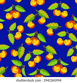 Vectorgraphic cherries with leaves seamless pattern, illustrated art.