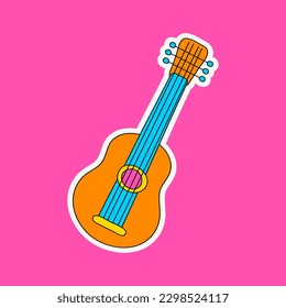 Vector.Guitar.Sticker.Retro Style 70s-90s. Pink Background.Doodle Style.Web Design.Social Media.Print for Textile.Logo.Element for Design.Hand Drawn.Music.Creativity.Poetry.Paper.Cloth.Children.EPS 10