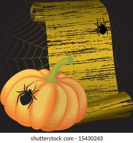 Vector.Halloween frame with pumpkin , spiders and a web