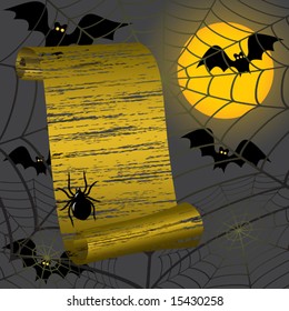 Vector.Halloween frame with yellow moon, bats,spider and a web