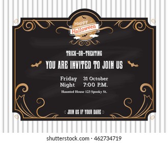 vector,Halloween invitation card to party with vintage ornament frame style on black background,Holiday card template