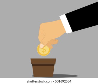 Vector,Hand put coin to money staircase.