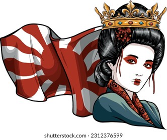 vectori illustration of Queen of The Geisha with risin sun flag