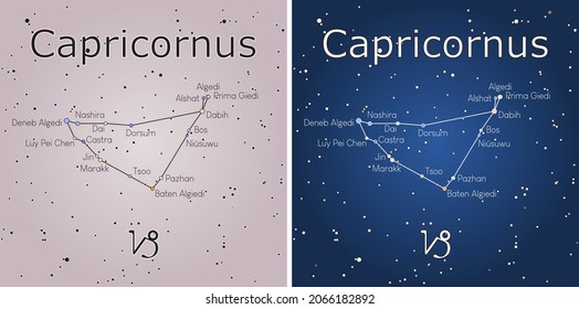 Vectorial art of zodiac constellation of Capricornus with real stars colors based on scientific data. Light and dark backgrounds on two different styles.
