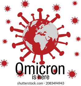 Vectorial background with the new variant of covid19, the omicron virus appeared in South Africa on the map of the earth. Worldwide danger from the new virus b.1.1.259. Omicron is already here