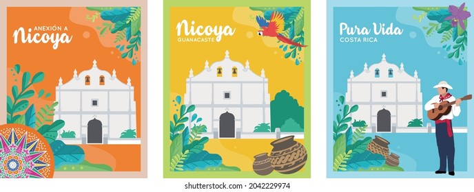 VECTORIAL BANNERS, POSTERS. Annexation of the Nicoya Party, Anexion a Nicoya, Iglesia de San Blas, Costa Rica Independence day, tourism, national symbols, folklore, cultural events, ox cart wheel