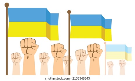 Vectorial caricature of fists raised in support and the Ukranian flag in the air